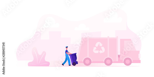 Municipal Recycling Service Worker Wearing Uniform Loading Litter Bin to Garbage Truck for Transportation on Recycle Utilization Factory. Cleaning Company Employee Cartoon Flat Vector Illustration