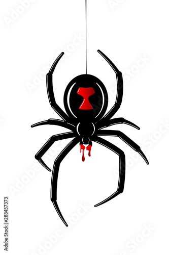 Spider Black Widow. Red black bug spider 3D, isolated white background. Scary Halloween redblack icon, symbol horror, animal arachnid, creepy dangerous insect, arachnophobia fear. Vector illustration