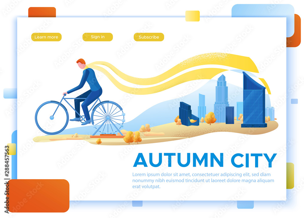 Fototapeta premium Autumn city view landscape, man cycling and ferris wheel at the park, modern urban scenery background, leaves fall, cartoon cityscape with bicycle, vector illustration, landing page template