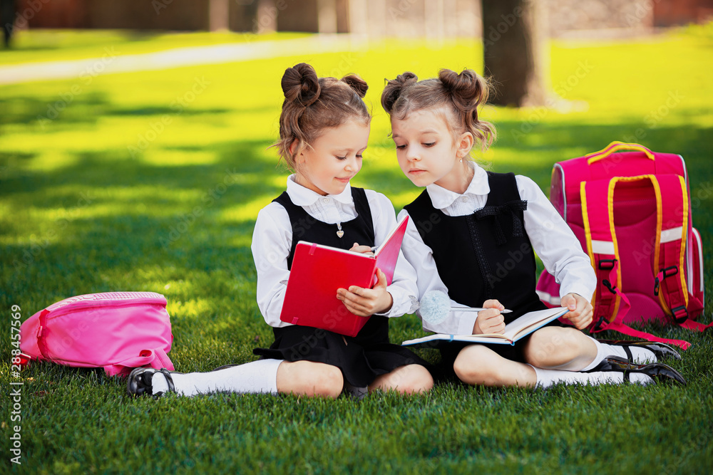 Two little school girls with pink backpack sitting on grass after lessons and read book or study lessons, thinking ideas, education and learning concept. Two little school girls with pink backpack sitting on grass after lessons and read book or study lessons, thinking ideas, education and learning concept.