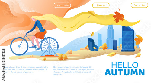 Girl on bicycle and autumn city landscape, yellow hair woman cycling, ferris wheel at the park, modern urban scenery with skyscrapers background, cartoon vector illustration, landing page template