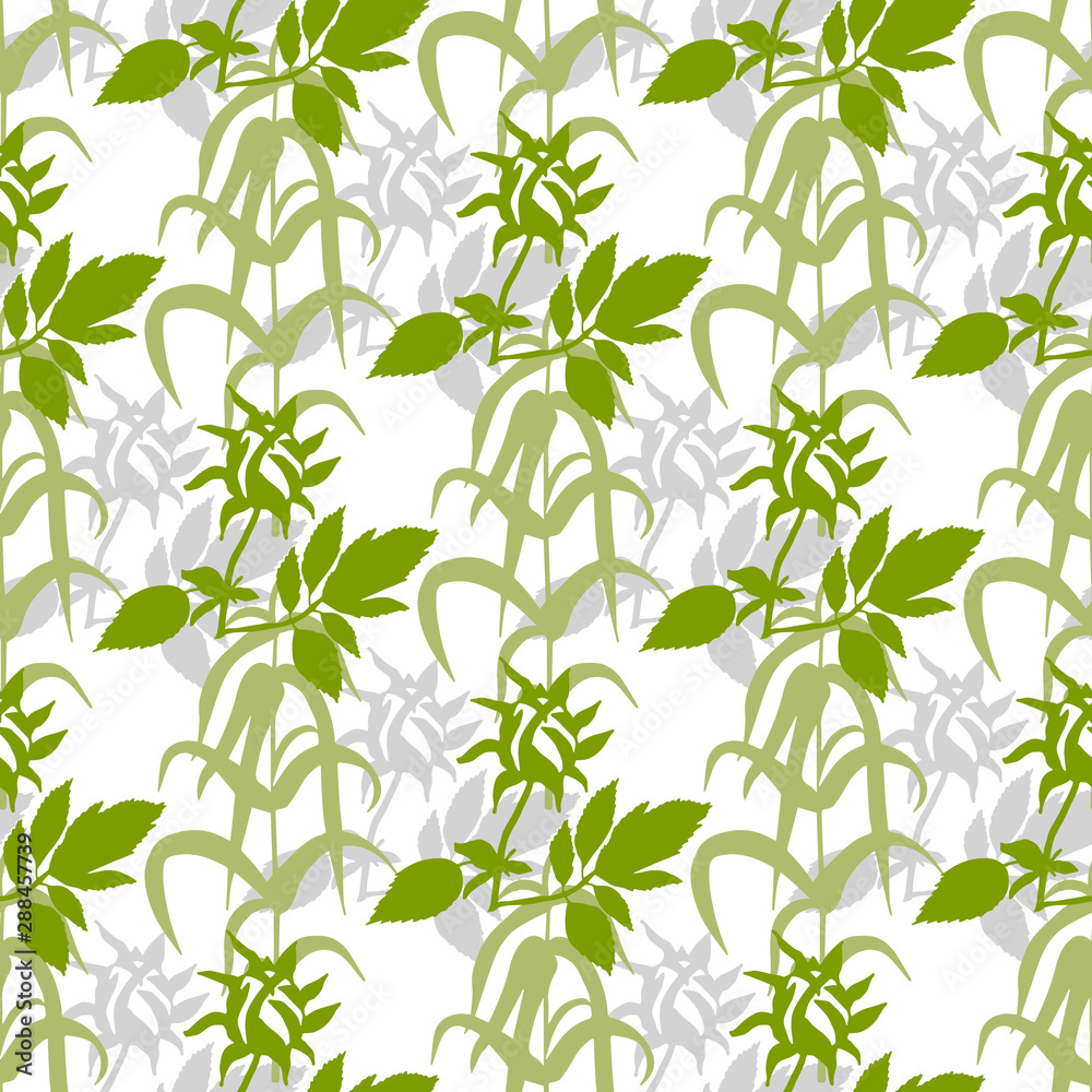 Seamless pattern with sunny green leaves, herbs, buds of flower. Endless decorative texture with green leaves for your design. Seamless pattern with sunny green leaves, herbs, buds of flower. Endless decorative texture with green leaves for your design.