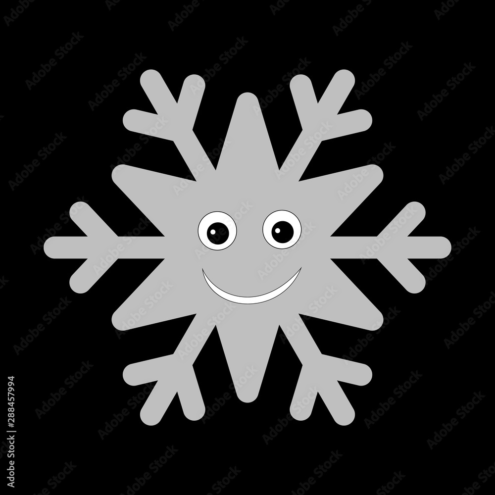 Snowflake smiley baby face. Cute winter gray snow flake, smile, isolated black background. Happy fun character, kid emoticon. Drawing cartoon doodle. Holiday child decoration. Vector illustration Snowflake smiley baby face. Cute winter gray snow flake, smile, isolated black background. Happy fun character, kid emoticon. Drawing cartoon doodle. Holiday child decoration. Vector illustration