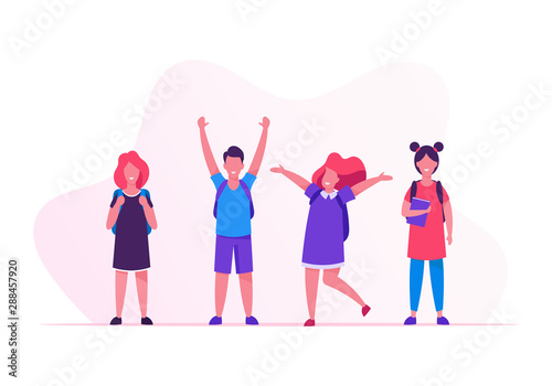 Kids Pupils with Backpacks Rejoice with Hands Up Standing in Row. Group of Children Come to School to Get Education. Happy Crowd of Classmates Girls and Boys in Line Cartoon Flat Vector Illustration