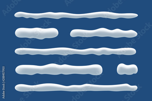 Snow ice icicle set Winter design. White blue snow template. Snowy frame decoration isolated blue background. 3D realistic cap. Christmas, New Year frozen ice texture. Vector illustration