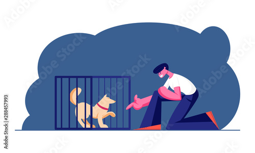 Guy Stretch Hand to Dog in Cage