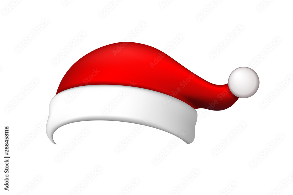 Santa Claus hat 3D. Realistic Santa Claus hat isolated on white background. Red funny cap silhouette. Merry Christmas clothes cute design. New year decoration wear costume. Vector illustration Santa Claus hat 3D. Realistic Santa Claus hat isolated on white background. Red funny cap silhouette. Merry Christmas clothes cute design. New year decoration wear costume. Vector illustration