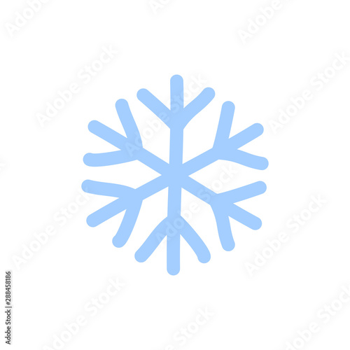 Snowflake icon. Blue silhouette snow flake sign, isolated on white background. Flat design. Symbol of winter, frozen, Christmas, New Year holiday. Graphic element decoration. Vector illustration