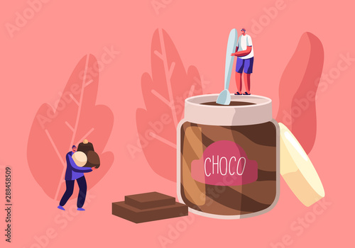 Sweets Lovers and Sweet-Tooth People Concept with Tiny Male Character Holding Spoon Stand on Huge Jar Eating Choco Paste, Man Carry Heap of Chocolate Candies in Hands. Cartoon Flat Vector Illustration