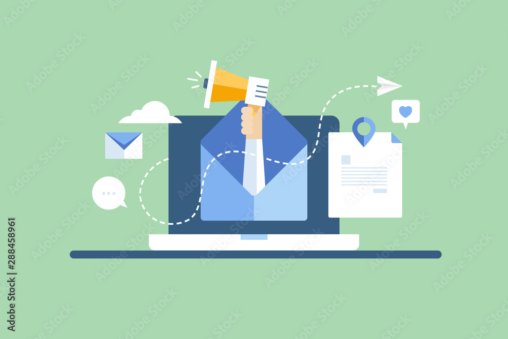 Run successful email marketing campaign for online business, newsletter promotion, personalized message concept. Flat design vector banner template.
