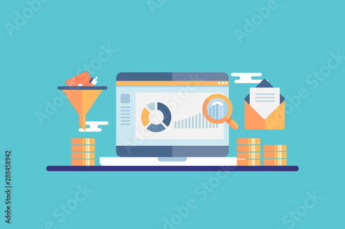 Conversion funnel optimization, ecommerce marketing,  customer data anakytic concept. Flat design vector banner.