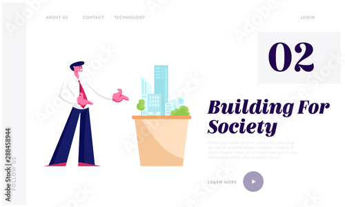 Building Engineering Construction Website Landing Page. Architect Engineer Presenting Model of House Mock Up Metropolis Architecture Design Projection Web Page Banner. Cartoon Flat Vector Illustration