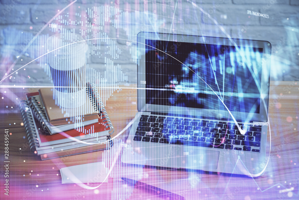 Multi exposure of business theme icons and table with computer background. Concept of success. Multi exposure of business theme icons and table with computer background. Concept of success.