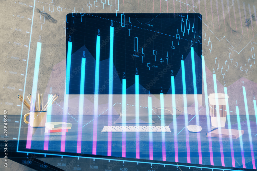 Financial graph colorful drawing and table with computer on background. Multi exposure. Concept of international markets. Financial graph colorful drawing and table with computer on background. Multi exposure. Concept of international markets.