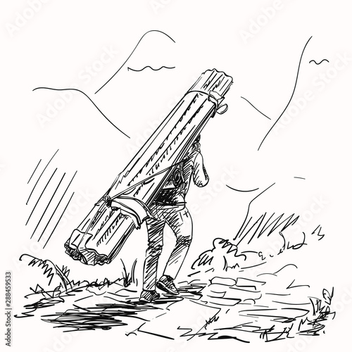 Sketch of nepali porter carrying heavy big load on his head in traditional way, Hand drawn illustration