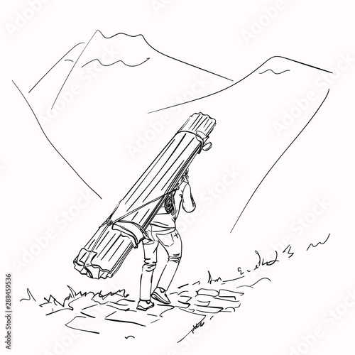 Sketch of nepali porter carrying heavy big load on his head in traditional way, Hand drawn linear illustration