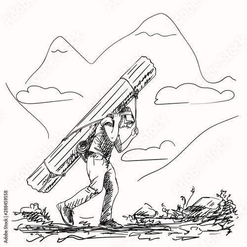 Sketch of nepali porter carrying heavy big load on his head in traditional way, Hand drawn illustration