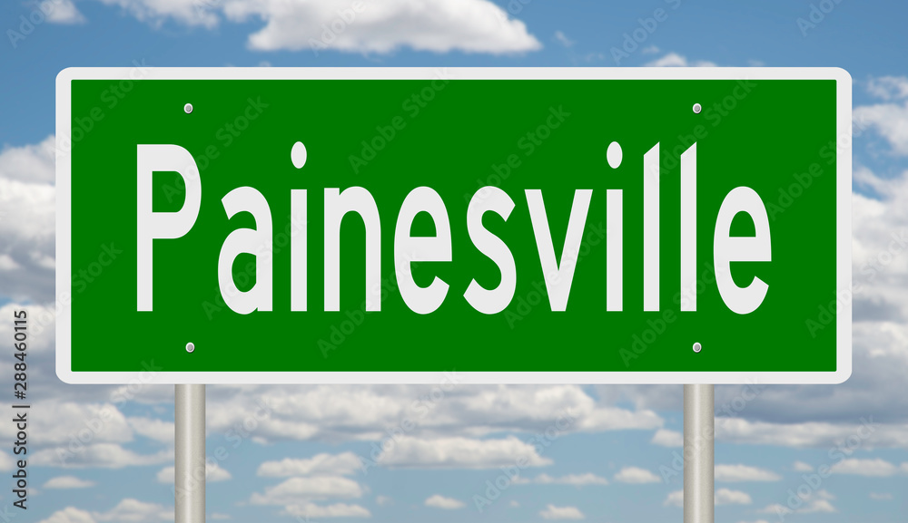 Rendering of a green highway sign for Painesville Ohio