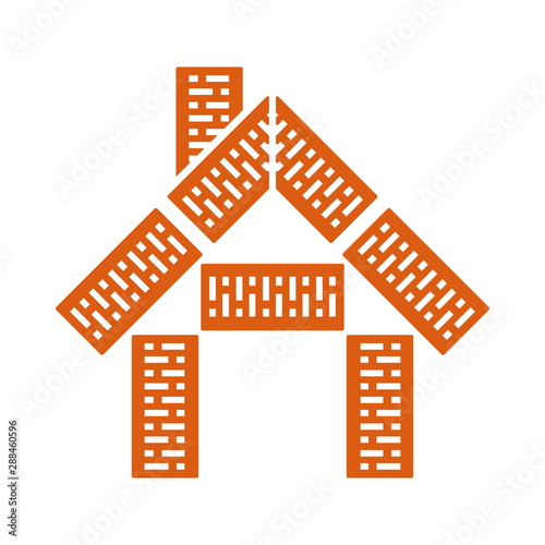 Red little house brick icon. Vector Abstraction from bricks. Illustration.