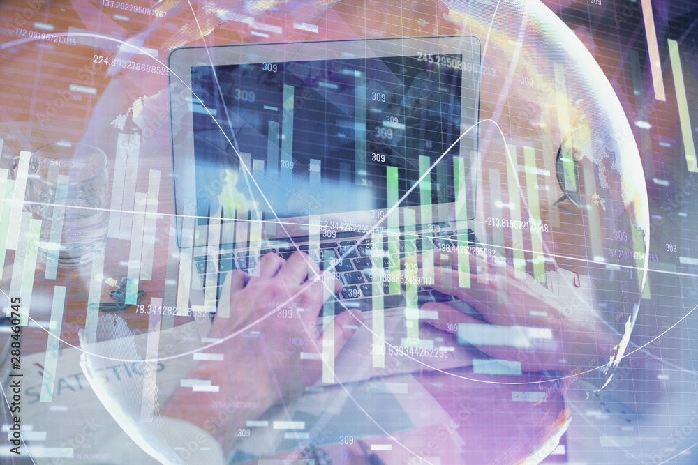 Multi exposure of businessman working on laptop on background. International business hologram in front. Concept of success. Multi exposure of businessman working on laptop on background. International business hologram in front. Concept of success.