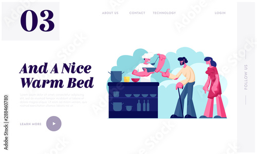 Night Shelter for Homeless Website Landing Page. Emergency Housing for People Without Home. Poor Man and Woman Stand in Queue for Getting Warm Food Web Page Banner. Cartoon Flat Vector Illustration
