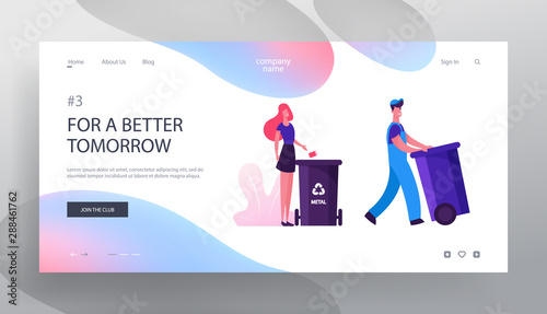 Waste Cleaning Company Website Landing Page. Woman Throw Garbage into Outdoors Container with Metal Recycle Sign. Trash Recycling, Ecology Protection Web Page Banner. Cartoon Flat Vector Illustration