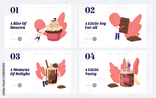 People Eating Sweet Chocolate Food Website Landing Page Set. Tiny Characters among Huge Choco Dessert Dishes in Confectionery or Bakery Shop Concept Web Page Banner. Cartoon Flat Vector Illustration