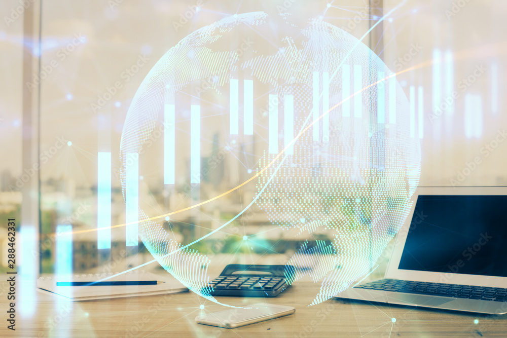 Forex Chart hologram on table with computer background. Double exposure. Concept of financial markets. Forex Chart hologram on table with computer background. Double exposure. Concept of financial markets.