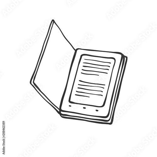 Vector open digital book sketch contour doodle black white illustration.