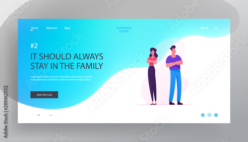 Family Disagreement Website Landing Page. Couple with Problems Standing with Crossed Arms Back to Back Avoid Looking at Each Other after Quarrel Web Page Banner. Cartoon Flat Vector Illustration