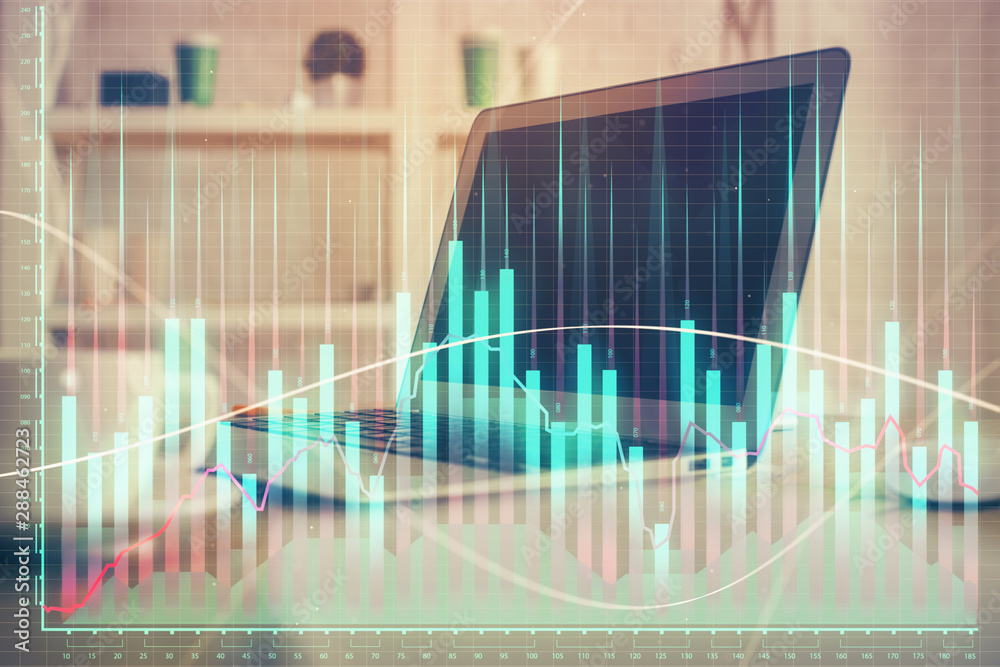 Forex market chart hologram and personal computer background. Multi exposure. Concept of investment. Forex market chart hologram and personal computer background. Multi exposure. Concept of investment.