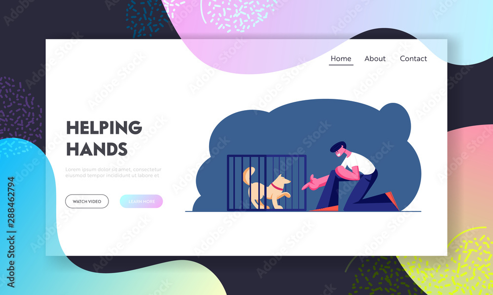 Man Adopting Pet from Shelter Website Landing Page. Guy Stretch Hand to Dog in Cage. Rehabilitation or Adoption Center for Stray and Homeless Animals Web Page Banner. Cartoon Flat Vector Illustration Man Adopting Pet from Shelter Website Landing Page. Guy Stretch Hand to Dog in Cage. Rehabilitation or Adoption Center for Stray and Homeless Animals Web Page Banner. Cartoon Flat Vector Illustration