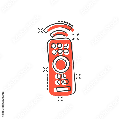 Remote control icon in comic style. Infrared controller vector cartoon illustration on white isolated background. Tv keypad business concept splash effect.