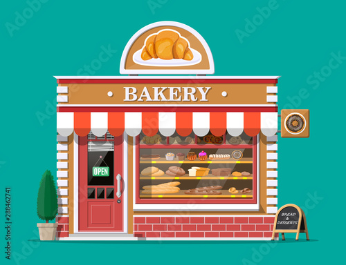 Fototapeta Naklejka Na Ścianę i Meble -  Bakery shop building facade with signboard. Baking store, cafe, bread, pastry and dessert shop. Showcases with various bread and cakes products. Market or supermarket. Flat vector illustration