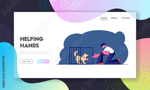 Man Adopting Pet from Shelter Website Landing Page. Guy Stretch Hand to Dog in Cage. Rehabilitation or Adoption Center for Stray and Homeless Animals Web Page Banner. Cartoon Flat Vector Illustration