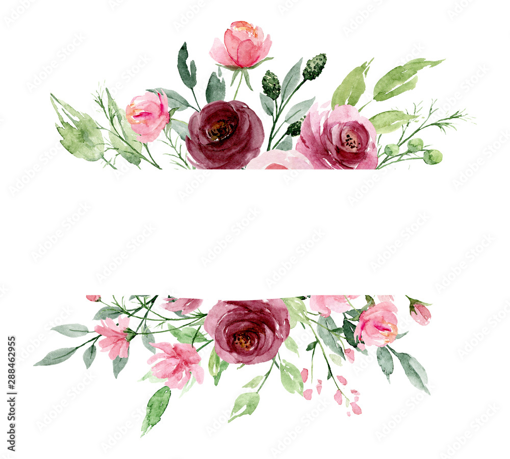Greeting card template with watercolor flowers, floral frame with pink ...