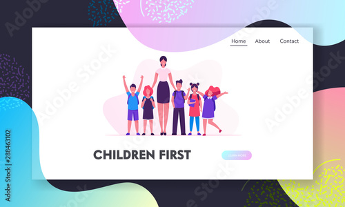 Schoolkids and Pedagogue in Classroom Website Landing Page. School Kids Neatly Lined Up in One Row Together with their Teacher, Back to School Concept Web Page Banner. Cartoon Flat Vector Illustration