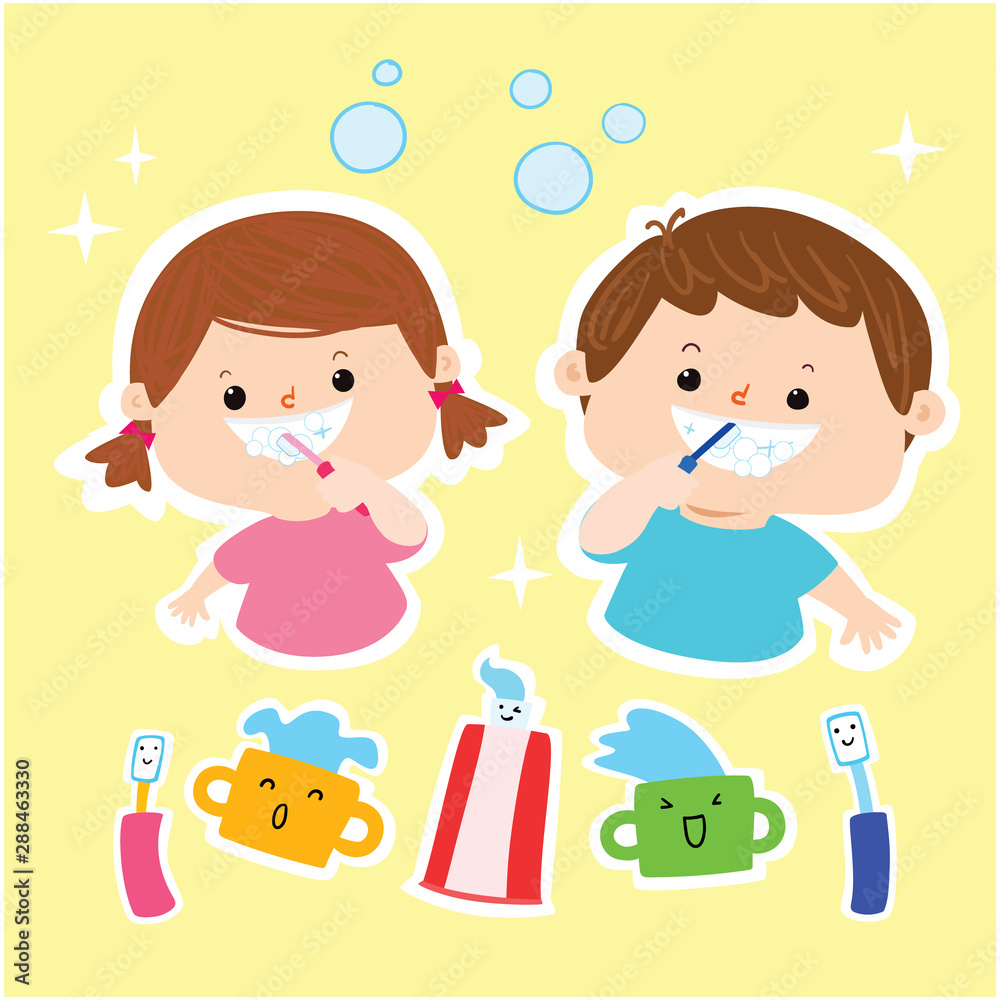 Kids brushing teeth cartoon vector. Kids brushing teeth cartoon vector.