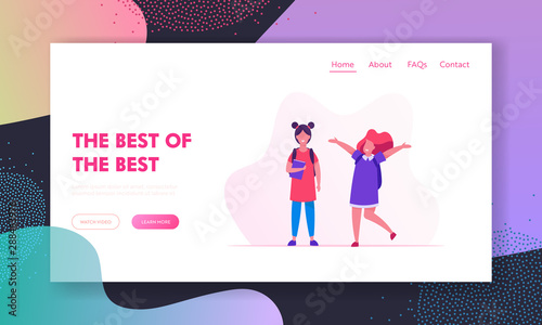 Back to School Website Landing Page. Couple of Schoolgirls with Backpacks Rejoice. Girlfriends Classmates Meeting in School at September Knowledge Day Web Page Banner. Cartoon Flat Vector Illustration
