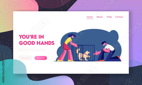 Pair Adopting Pet from Shelter Website Landing Page. Rehabilitation or Adoption Center for Stray and Homeless Animals. Guy Stretch Hand to Dog in Cage Web Page Banner. Cartoon Flat Vector Illustration