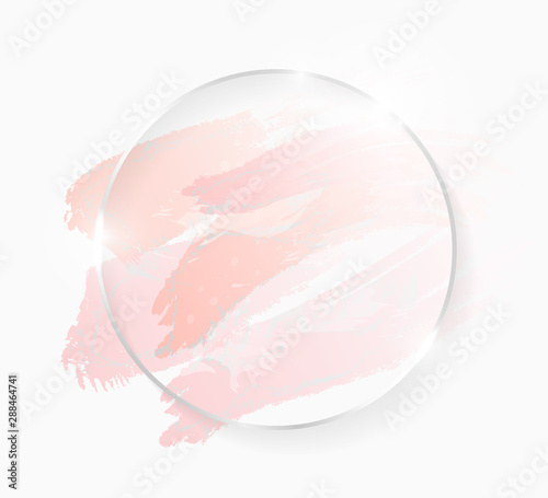 Silver shiny glowing round frame with rose pastel brush strokes isolated on white. Christmas card design. Golden luxury line border for invitation, sale, fashion, wedding, photo etc. Vector