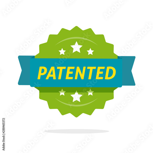 Patented label vector icon, flat cartoon rosette ribbon with patent text symbol, intellectual property protected green badge isolated image