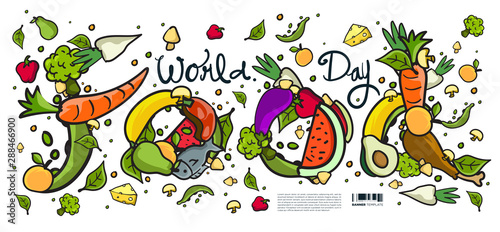 World Food Day Banner Vector Illustration Various Food, Fruits, and Vegetables. Vector Colorful Lettering Food Doodle  Illustration for Website, Landing Page, Banner, Poster, Print, Story.
