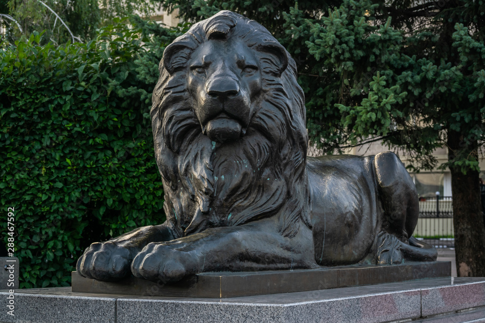 Krasnoyarsk/ Russia - August 02, 2019: Sculpture of the Lion at the Theater Square of the city of Krasnoyarsk