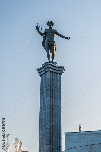 Column of Apollo during summer evenng in the theatrical square of the city of Krasnoyarsk, Russia