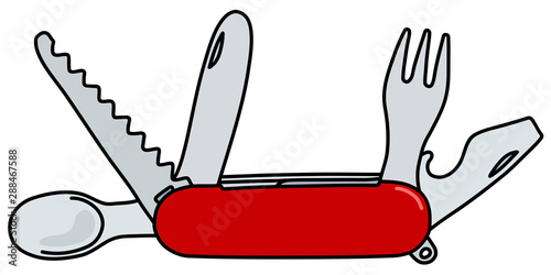The vectorized hand drawing of a red swiss army pocket knife