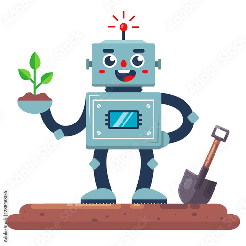 Robot gardener with a shovel and a plant in his hand. Flat character vector illustration.