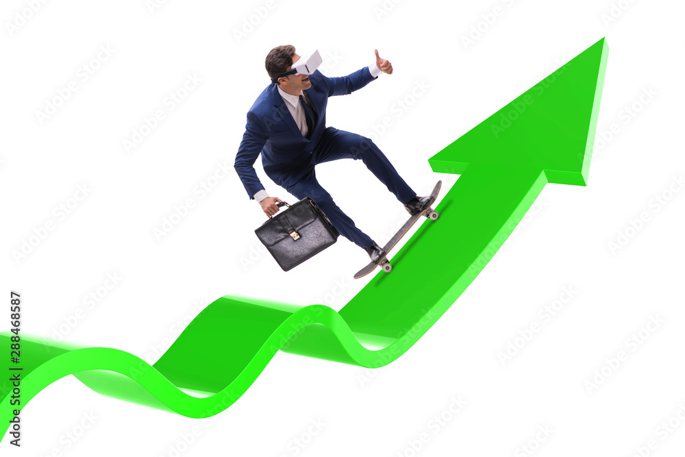 Businessman riding skateboard on financial graph Businessman riding skateboard on financial graph