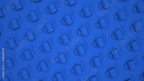 Blue mugs and spoons on blue background