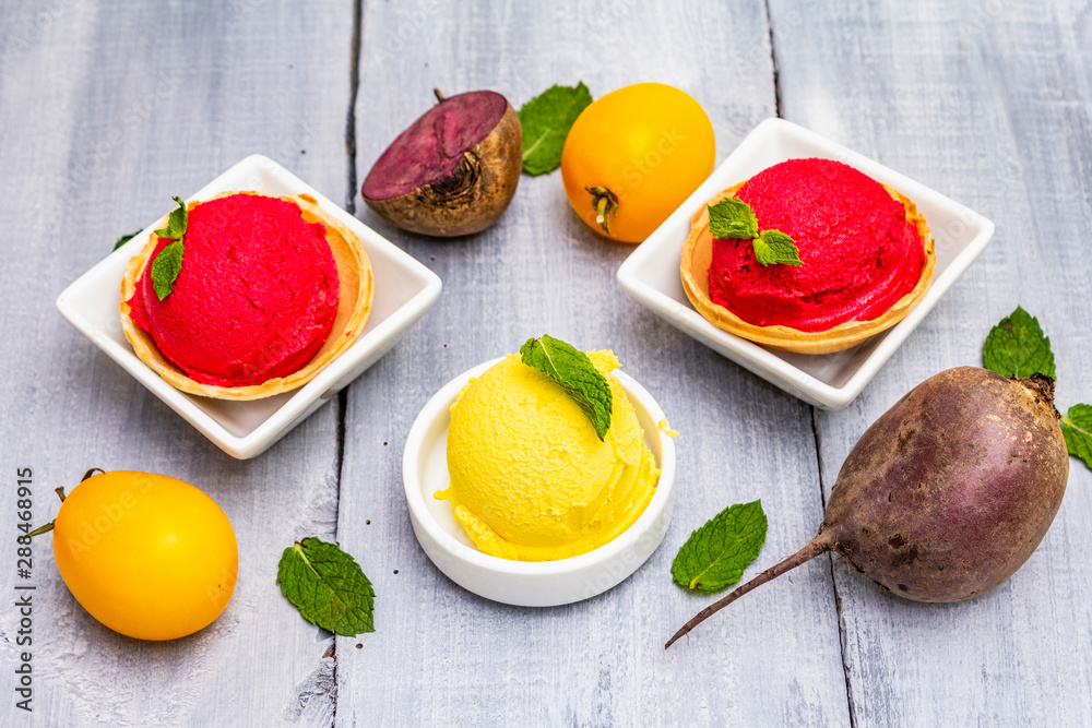 Assorted of beet and tomato ice cream, sorbet, gelato